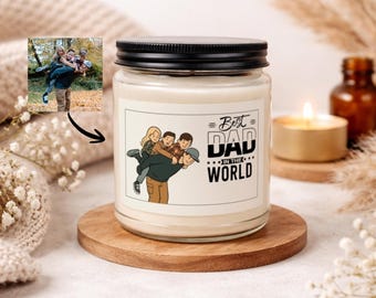 Candela personalizzata con foto, regalo per papà, candela con ritratto a cartone animato del papà, 255 g, regalo di compleanno o per la festa del papà, con immagine personalizzata.