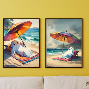 Summerween Cute Ghost at the Beach Prints Set of 2, Printable Coastal Beachy Summer Halloween Collection Gallery Wall Art Set Ocean