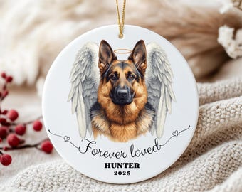 Personlig minnesdekoration för schäferhund: Änglavingar, keramisk presentgåva för förlust av husdjur, presentaskalternativ