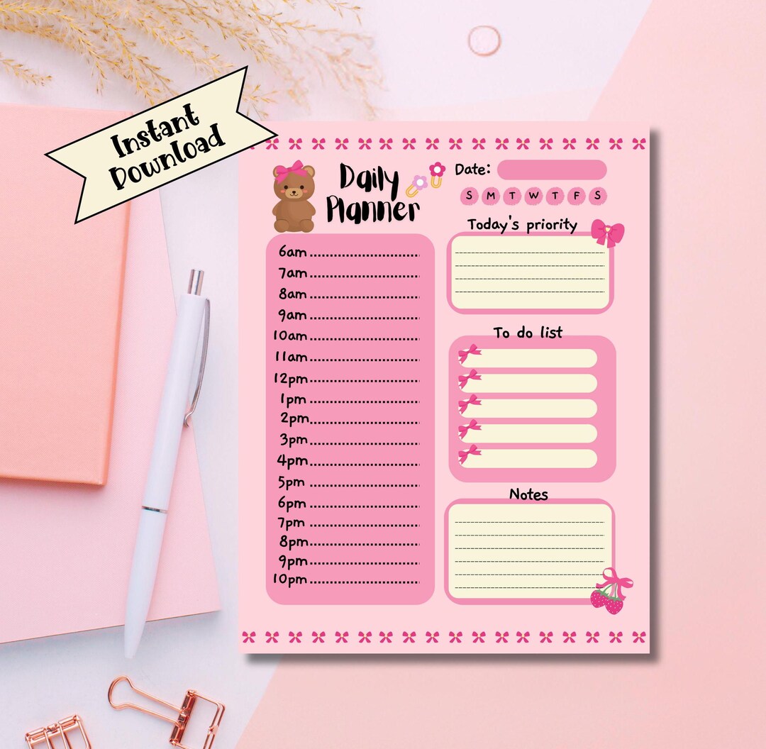 Coquette Daily Planner Printable Instant Download, Cute Bows Colorful ...