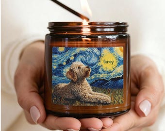 Velas personalizadas para perros de 255 g (9 oz) color ámbar, vela de soja aromática personalizada para dueños de perros, estilo Noche Estrellada de Van Gogh, para perros y gatos de todas las razas.