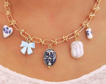 Delft Blue Floral Necklace, Gold Necklace with Ceramic Pendant, Multi Charms Bow Jewelry Gift for Her, Chinoiserie Chunky