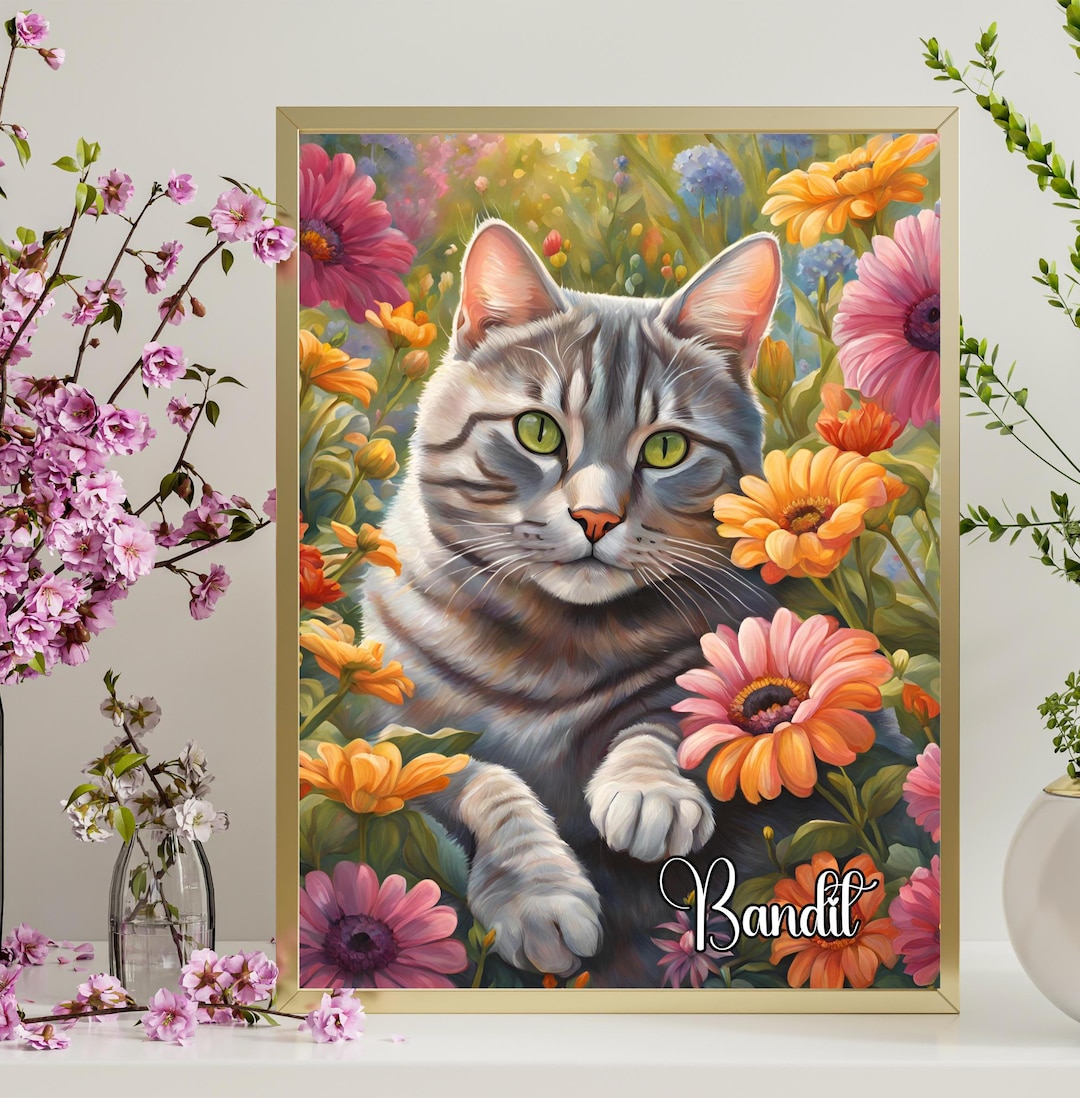 Custom Gray Tabby Cat Floral Art Print: Pet Portrait (digital Download ...