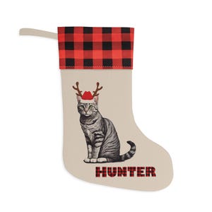 May include: A beige Christmas stocking with a red and black buffalo plaid cuff. The stocking features a gray tabby cat wearing a Santa hat and reindeer antlers. The name "HUNTER" is printed in black at the bottom of the stocking.