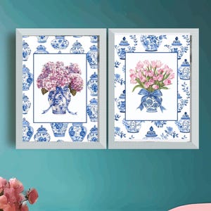 Set of 2 Chinoiserie Flower Vase Wall Art, Digital Blue Toile de Jouy Room Decor, Floral Ginger Jar Home Decor Printable Blue White and Pink