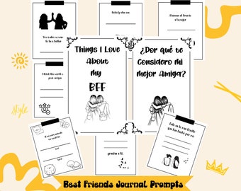Puede incluir: Prompts de diario imprimibles en blanco y negro para las mejores amigas. Las indicaciones incluyen preguntas como "Cosas que me encantan de mi BFF" y "¿Qué te hace una mejor amiga?"