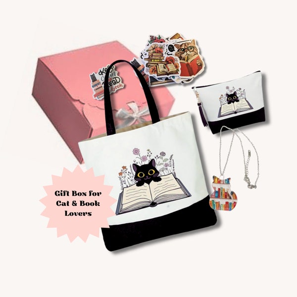 Gift Box for Cat and Book Lovers, Cat Owner & Book Enthusiasts, Cat Mom Dad Book Worm Readers Gifts Tote Bag, Pouch, Necklace, Stickers