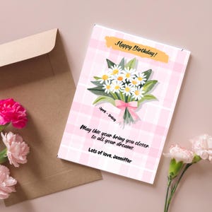Cartão de aniversário personalizado com buquê de flores de nascimento, cartão de felicitações floral fofo, cartão de aniversário para mãe e amiga, comemoração personalizada para impressão