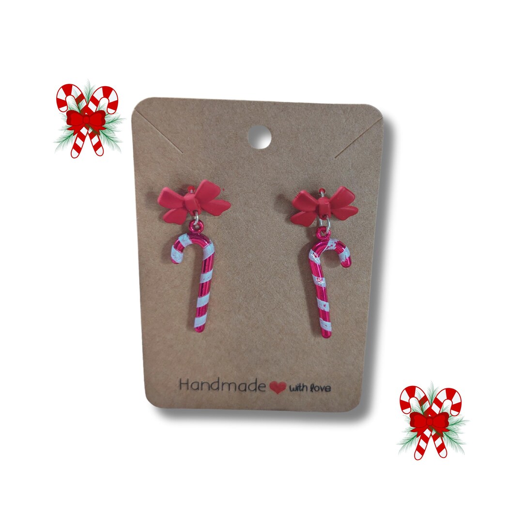 Candy Cane Bow Earrings, Red Coquette Bow Earrings Christmas Dangle