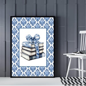 Chinoiserie Book Print, Blue Floral Bookish Books Stack Wall Art, Coquette Poster for Library, Office, Bookshelf, Delft Toile Readers Club