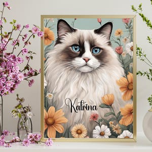 Téléchargement imprimable personnalisé chat Ragdoll Art chat dessin floral décoration d'intérieur amoureux des animaux de compagnie, nouveau chaton, cadeau propriétaire Ragdoll en téléchargement numérique