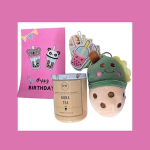 Boba Tea Set Gift Box, Bubble Tea Bundle, Boba Plush Keychain, Boba Lover Gift Milk Tea Scented Candle, Flat Happy Birthday Card Stickers