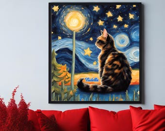 Custom Tortoiseshell Cat Starry Night Art: Watercolor Impressionist Pet Portrait (Digital Download)