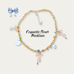 Coquette Bows Necklace, Multi Charms Paperclip Gold Necklace Vintage Style Jewelry Gifts for Her Ribbon Pendants Birthday, Mother&#39;s Day