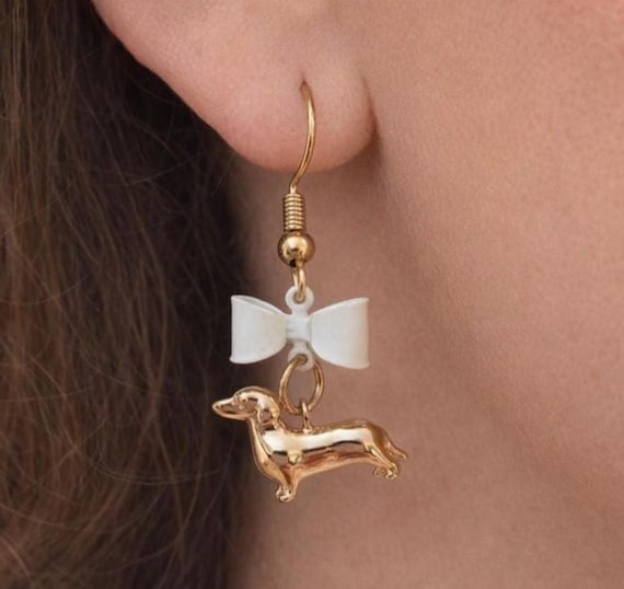 Dachshund Earrings, Gold Weenie Dog Gifts Bow Earrings, Sausage Dogs Gift for Pet Lovers, Weiner Dog Owners Jewelry