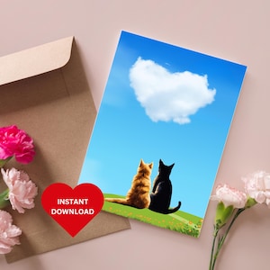Carte chats avec nuage en forme de coeur, amour cartes imprimables, carte sur le thème chat pour anniversaire, Saint-Valentin téléchargement immédiat pour lui ou elle