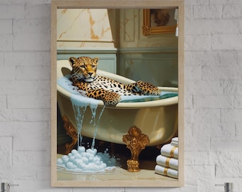 Leopard in Bathtub Print: Funny Animal Bathroom Wall Art