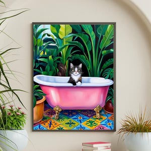 Bathtub Cat Art Print: Colorful Bathroom Animal Poster (Digital Download)