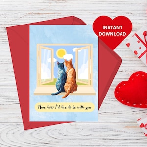 Cute Nine Lives Cats Cards, Love Printable Cards, Cat Themed Card for Anniversary, Galentines or Valentine V-Day Instant Download Him or Her