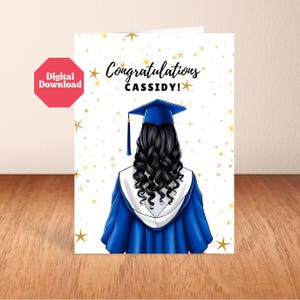 Gepersonaliseerde afstudeerkaart Aangepaste naam afdrukbare wenskaart voor Senior Graduate University College High School Class of 2025 Black Hair