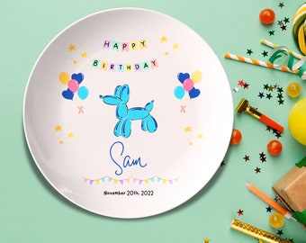 Custom Birthday Plate, Balloon Dog Personalized Colorful Plate for Kids Party, Gift for Son Daughter, Grandson, Granddaughter, Niece