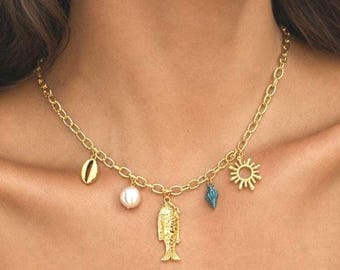 Coastal Necklace Gold or French Tole Ceramic Plate Necklace, Blue White Porcelain, Chunky Chain Vintage Style Gifts for Her