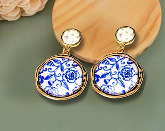 Chinoiserie Earrings, Blue White Ceramic Pendants, Faux Pearl Vintage Style