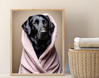 Black Lab Bathrobe Poster: Funny Dog Spa Bathroom Art (Digital Download