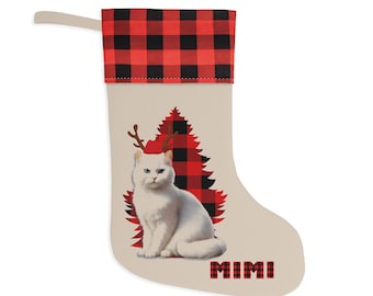 Personalized White Cat Christmas Stocking: Plaid Holiday Decor