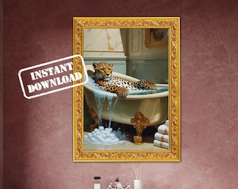 Leopard in Bathtub Print: Funny Animal Bathroom Wall Art (Digital Download