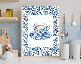 May include: A framed print of a blue and white teacup and saucer with a floral pattern. The background is a white floral pattern.