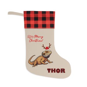 Bearded Dragon Personalized Christmas Stocking, Holiday Gift for Reptile Pet Lovers Owner Gift Home Decor Custom Name 16&quot;x10&quot; Linen Plaid