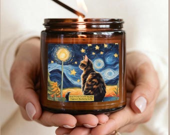 Tortoiseshell Cat Starry Night Candle, Amber Jar, Van Gogh Style
