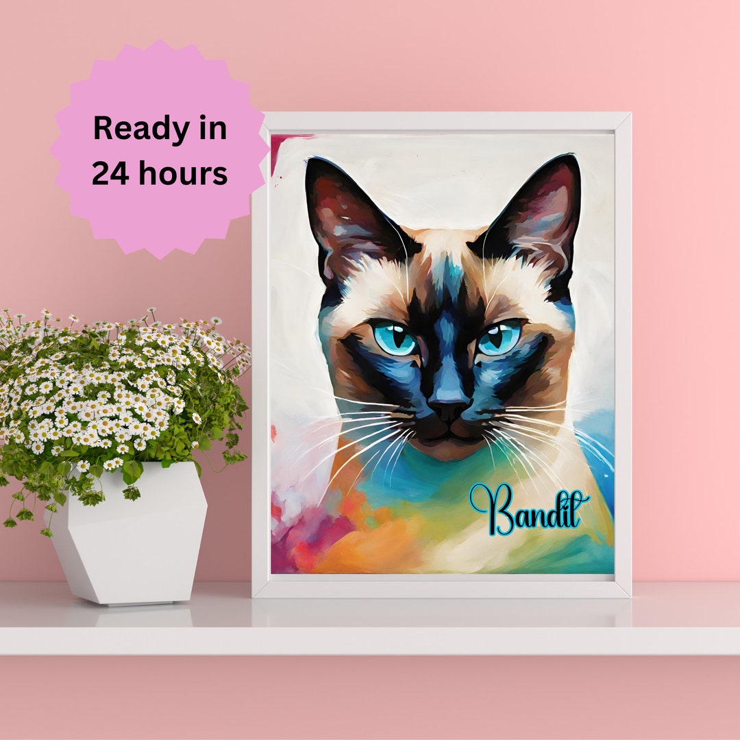 Custom Name Colorful Siamese Cat Wall Art, Personalized Pet Pop Art