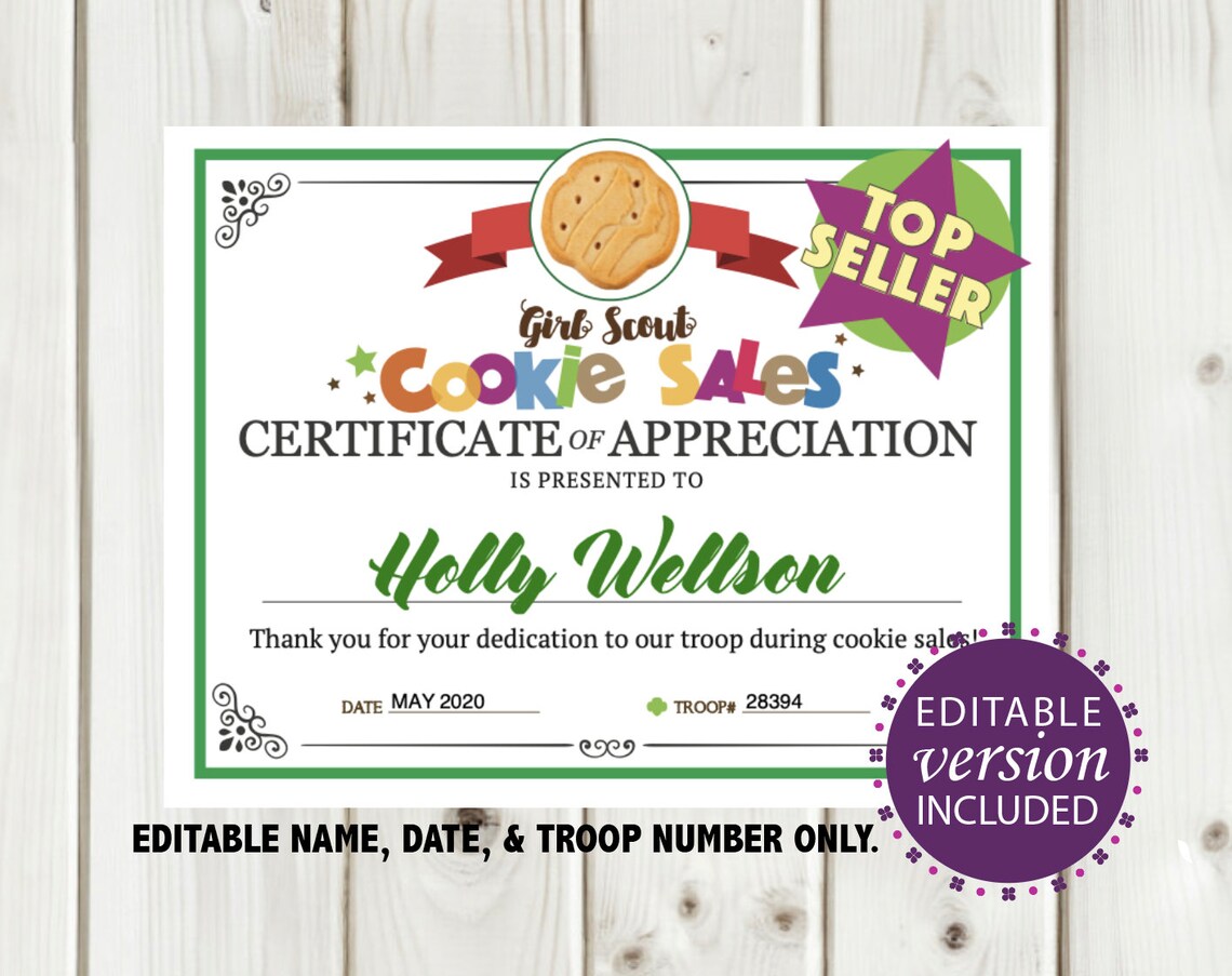 Girl Scout Cookie Printable Certificate cookie Mom or | Etsy