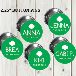 Girl Scout Name Tag Button Pins  - Troop name pins for scouts - size 2.25"