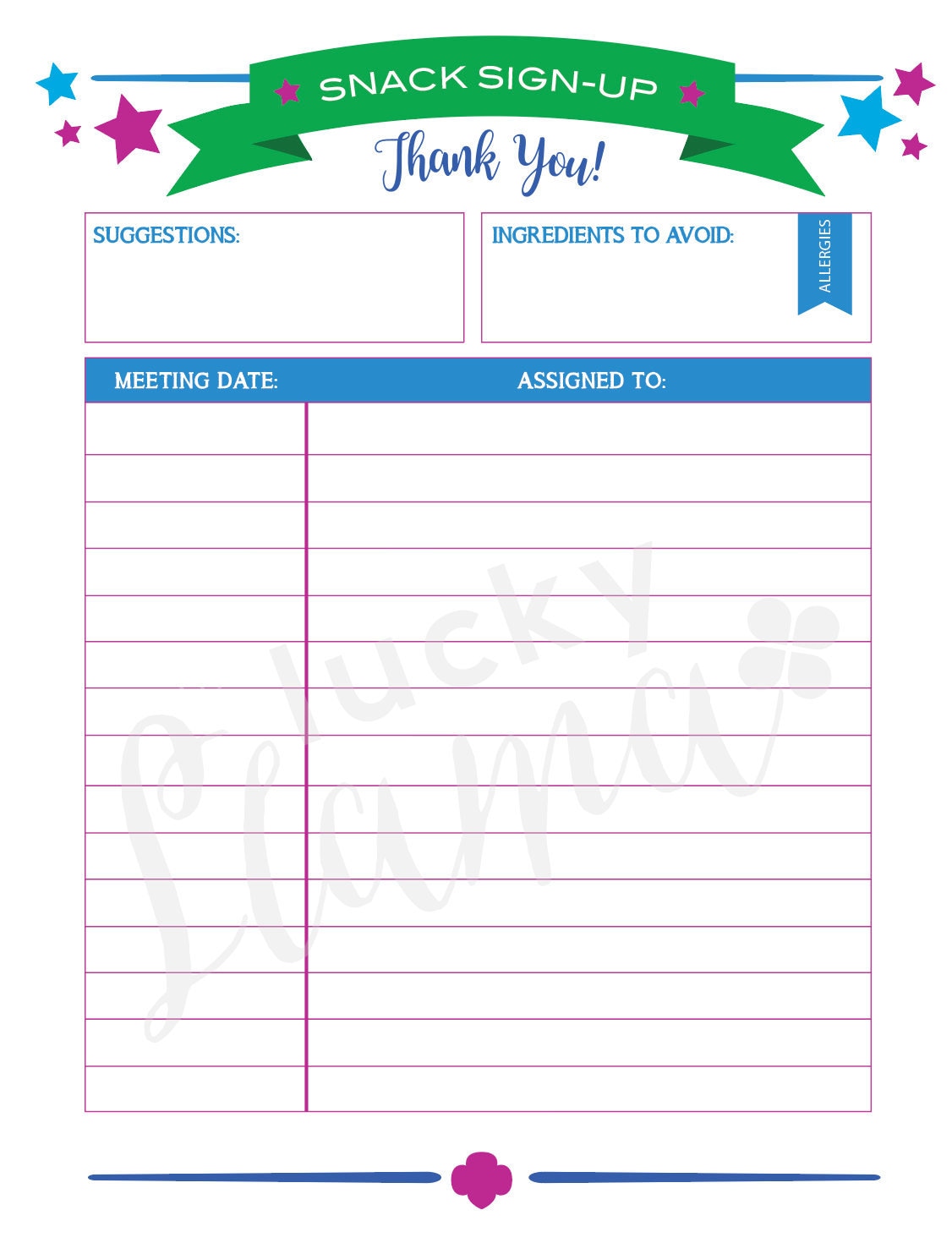 Printable Snack Sign Up Sheet Free