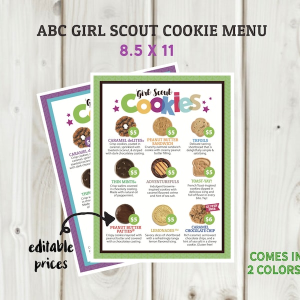 ABC Girl Scout Cookie Menu (all 9 cookies) Editable prices - instant download printable