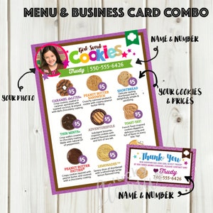 Menu fotografico e biglietto da visita personalizzato stampabile per biscotti Girl Scout (solo stampa digitale)