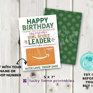 Editable Birthday & Thank You Card for Girl Scout Leader - Instant Download