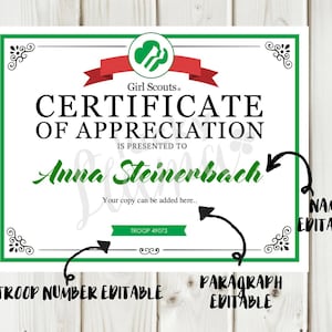 Girl Scout Leader Certificate/Award Printable- Editable Instant Download