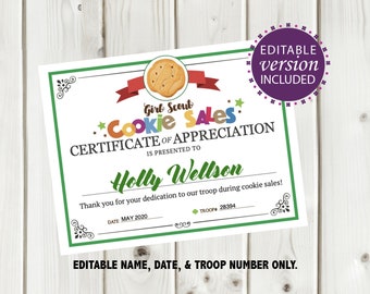 Certificado imprimible de galletas Girl Scout (Cookie Mom o Salesgirl) - Descarga instantánea editable