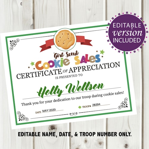 Printable Girl Scout Cookie Sales Certificate Award Instant - Etsy