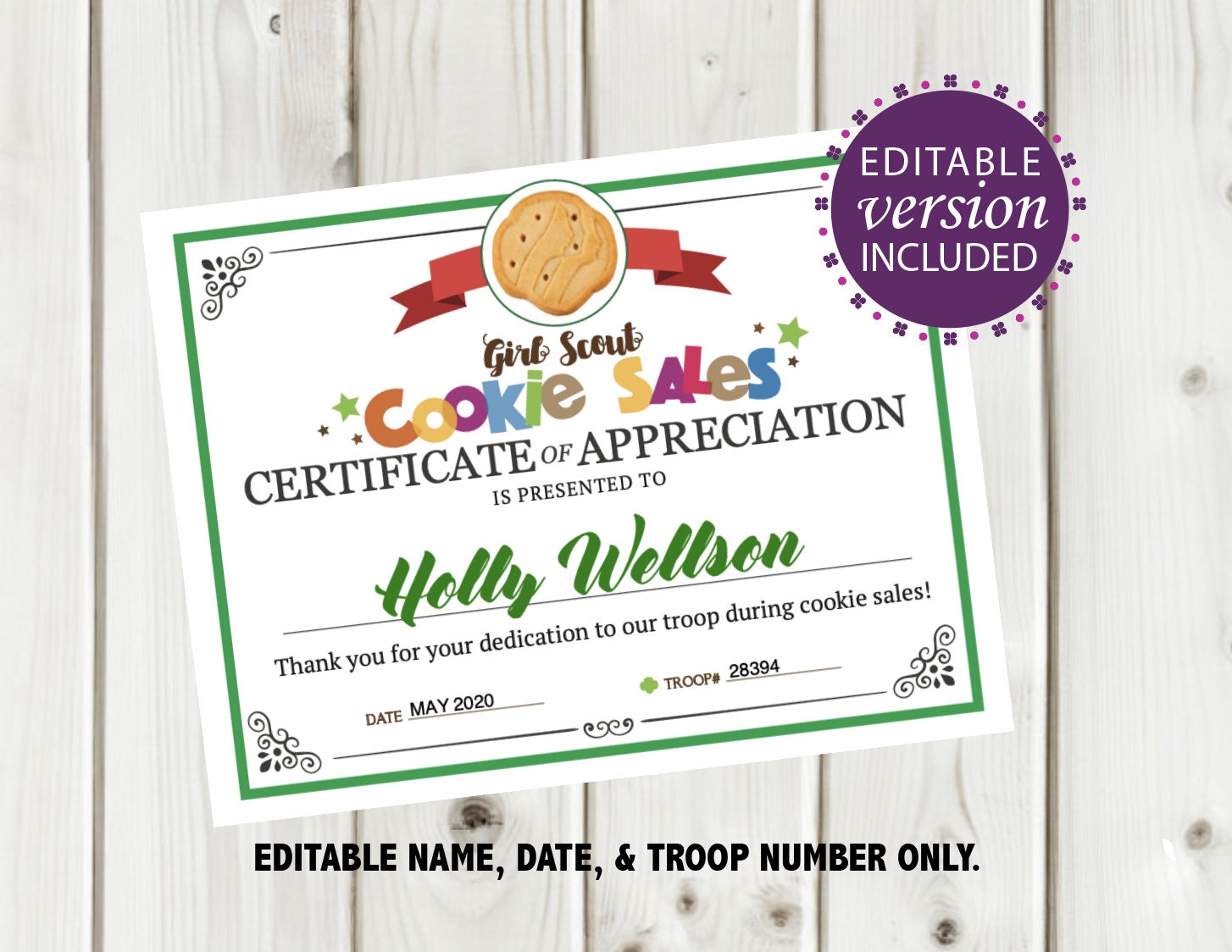 Girl Scout Cookie Printable Certificate cookie Mom or | Etsy