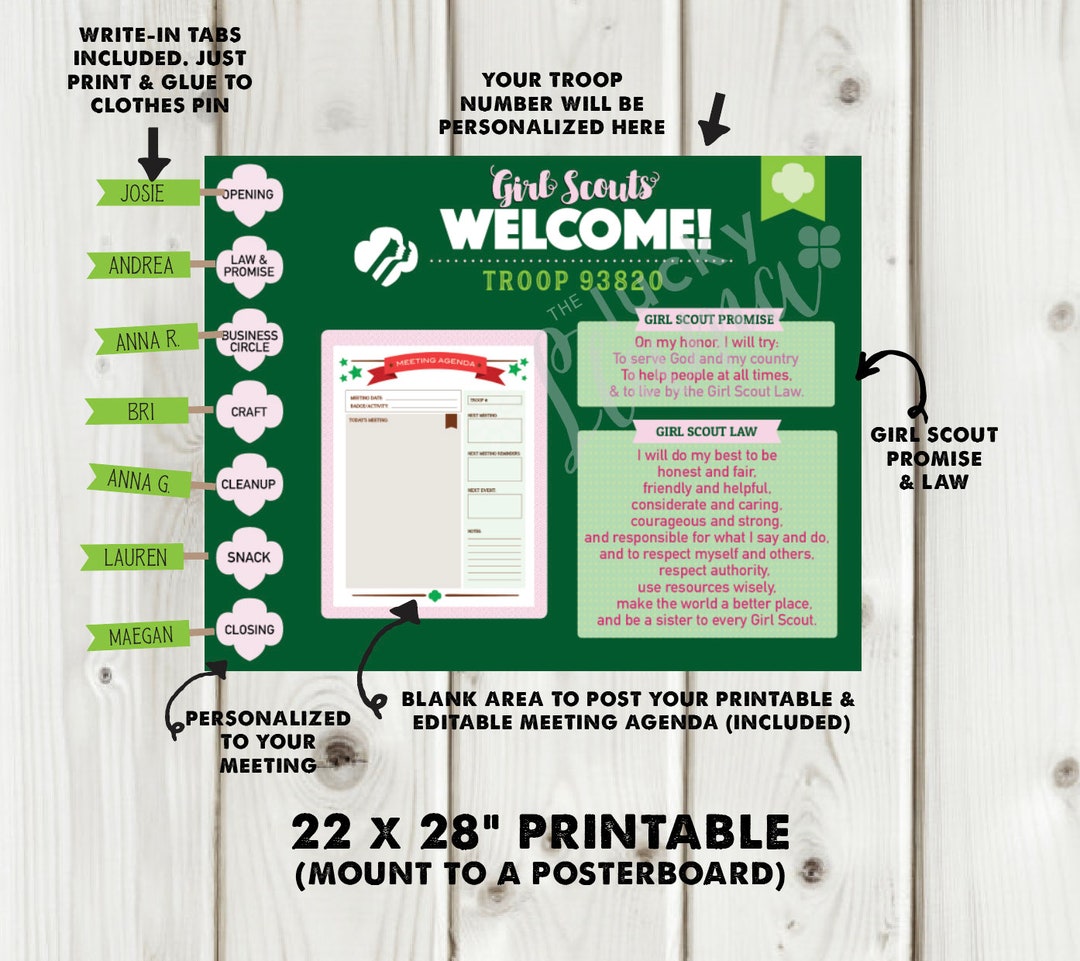 Custom Girl Scout Kaper Chart Poster + Editable Meeting Agenda Printable (multi Troop or Juniors ...
