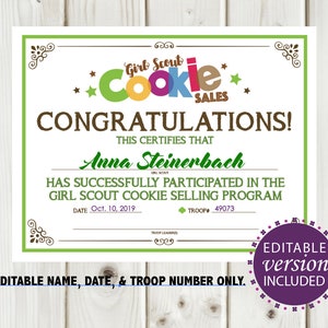Editable Girl Scout Cookie Participation Certificate-top Seller Version ...