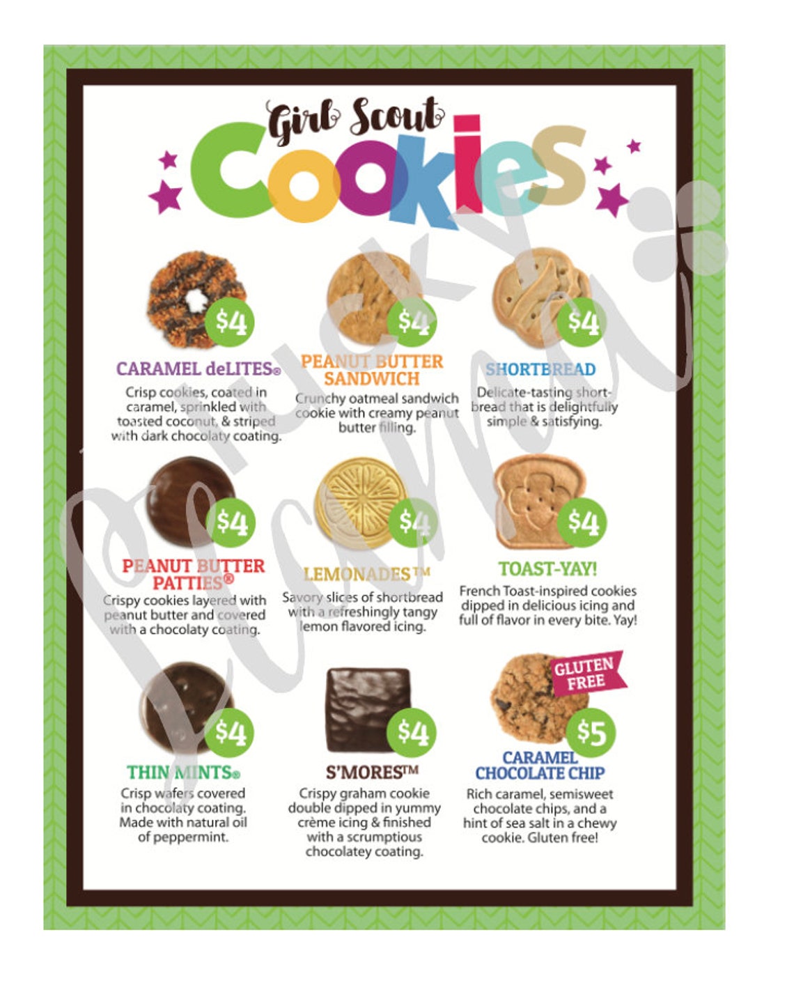 ABC Girl Scout Cookie Menu Green 8.5 x 11 cookie prices are | Etsy