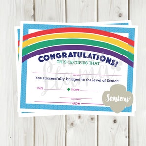 Girl Scouts Bridge to Seniors Certificate - Instant Download