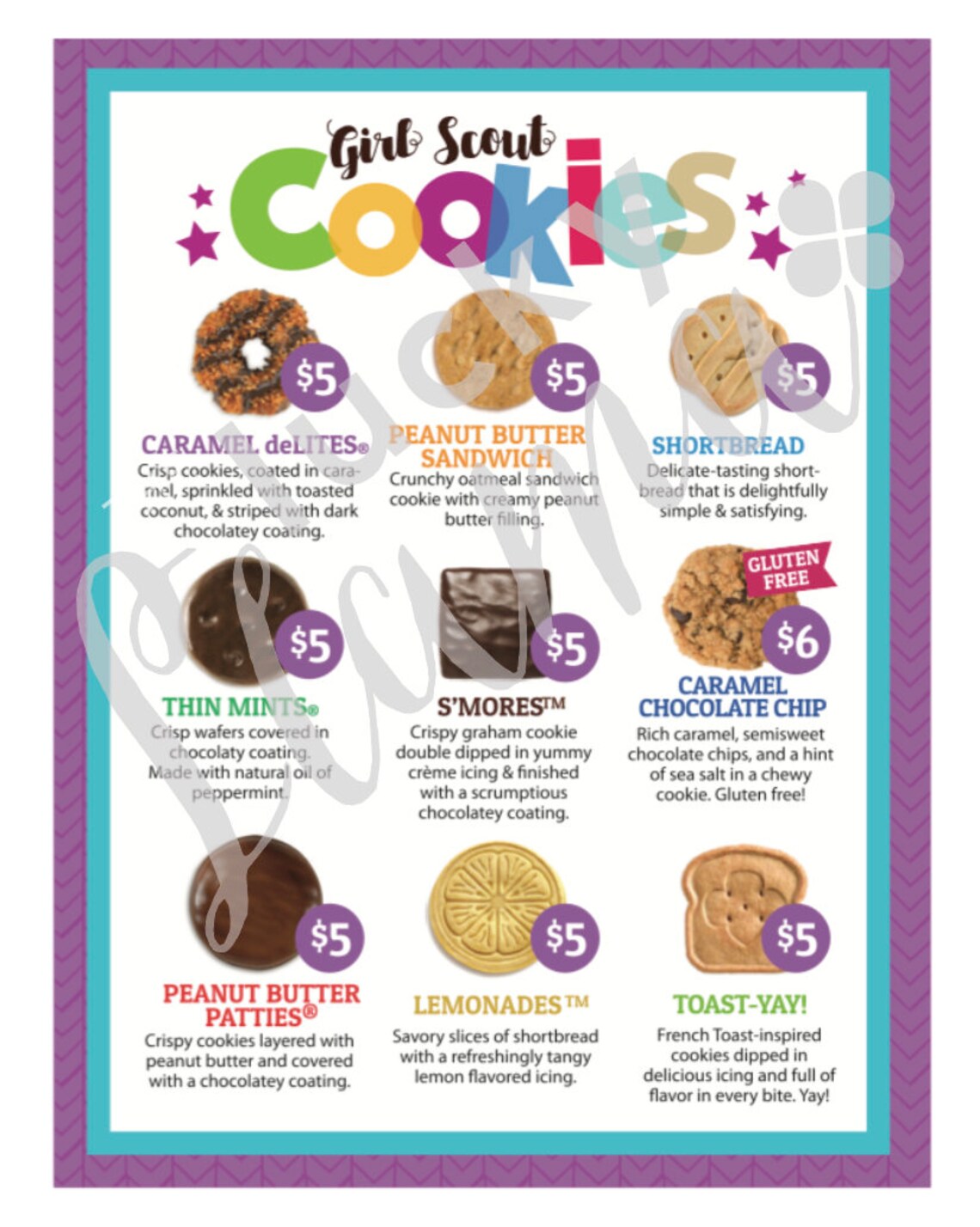 ABC Girl Scout Cookie Menu all 9 cookies 56 box prices Etsy