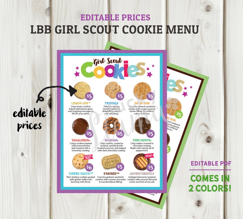 LBB Girl Scout Cookie Menu (all 9 cookies) - editable prices  - 8.5 x 11 printable 
